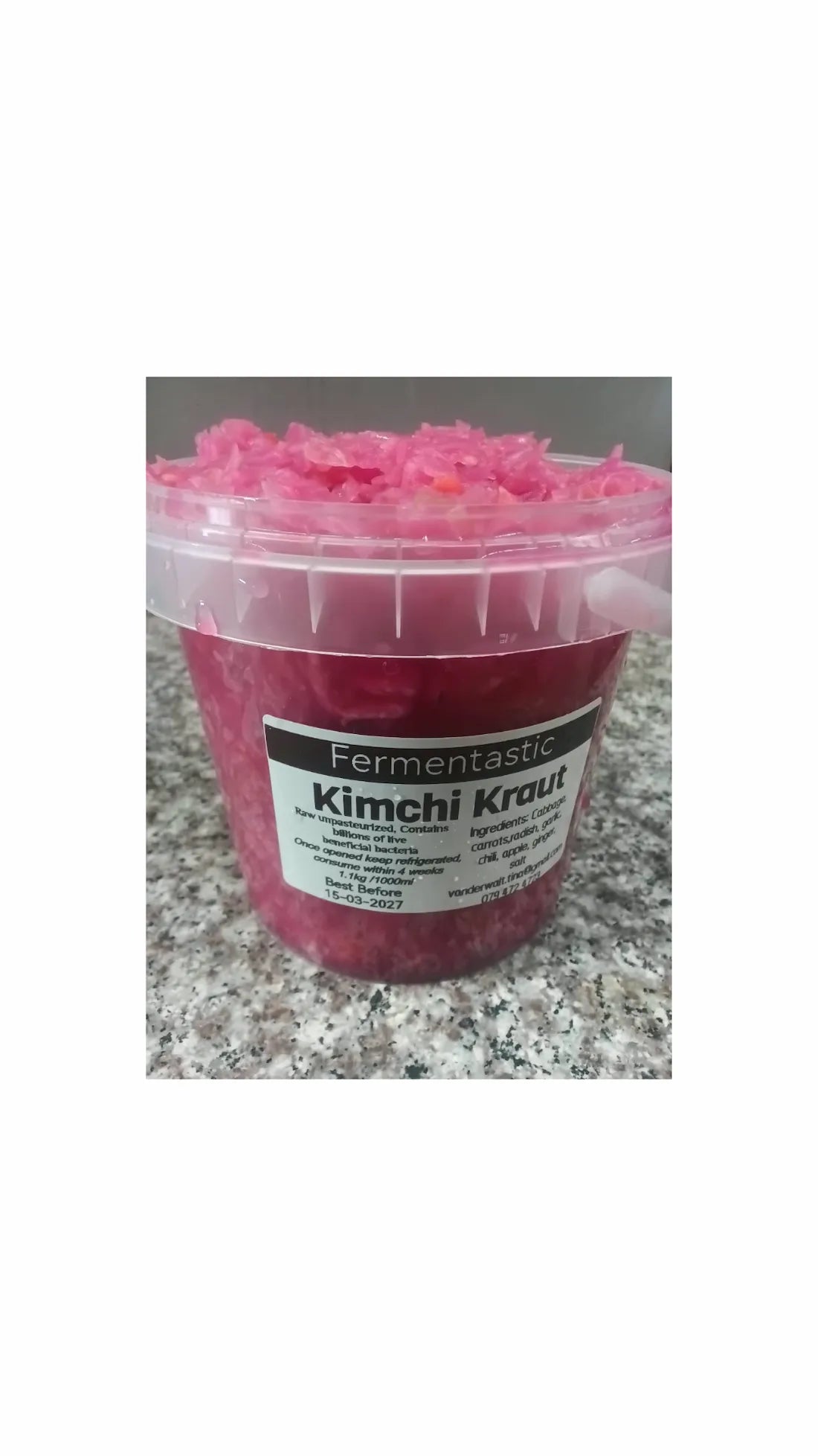 "A tub of Fermentastic Kimchi-Kraut, a raw unpasteurised fermented vegetable product made in small batches in Limpopo, South Africa"