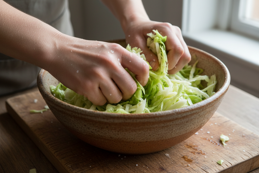 Hands massaging shredded cabbage with salt to make sauerkraut at home