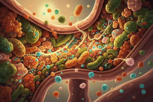 Vibrant illustration of a healthy gut microbiome with colourful beneficial bacteria thriving inside the intestines