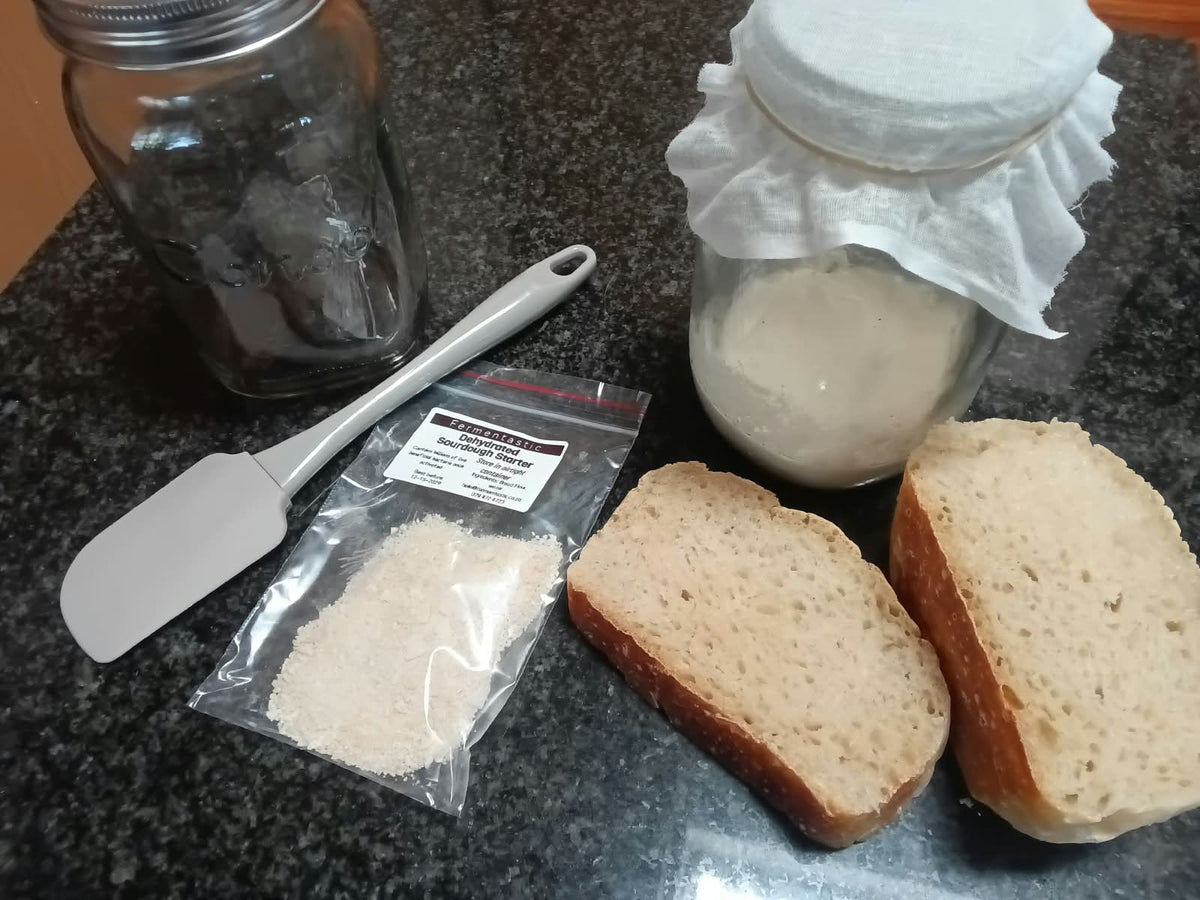 Fermentastic Artisan Sourdough Starter Kit — glass jar with active starter, dehydrated flakes sachet, spatula, and freshly baked sourdough bread