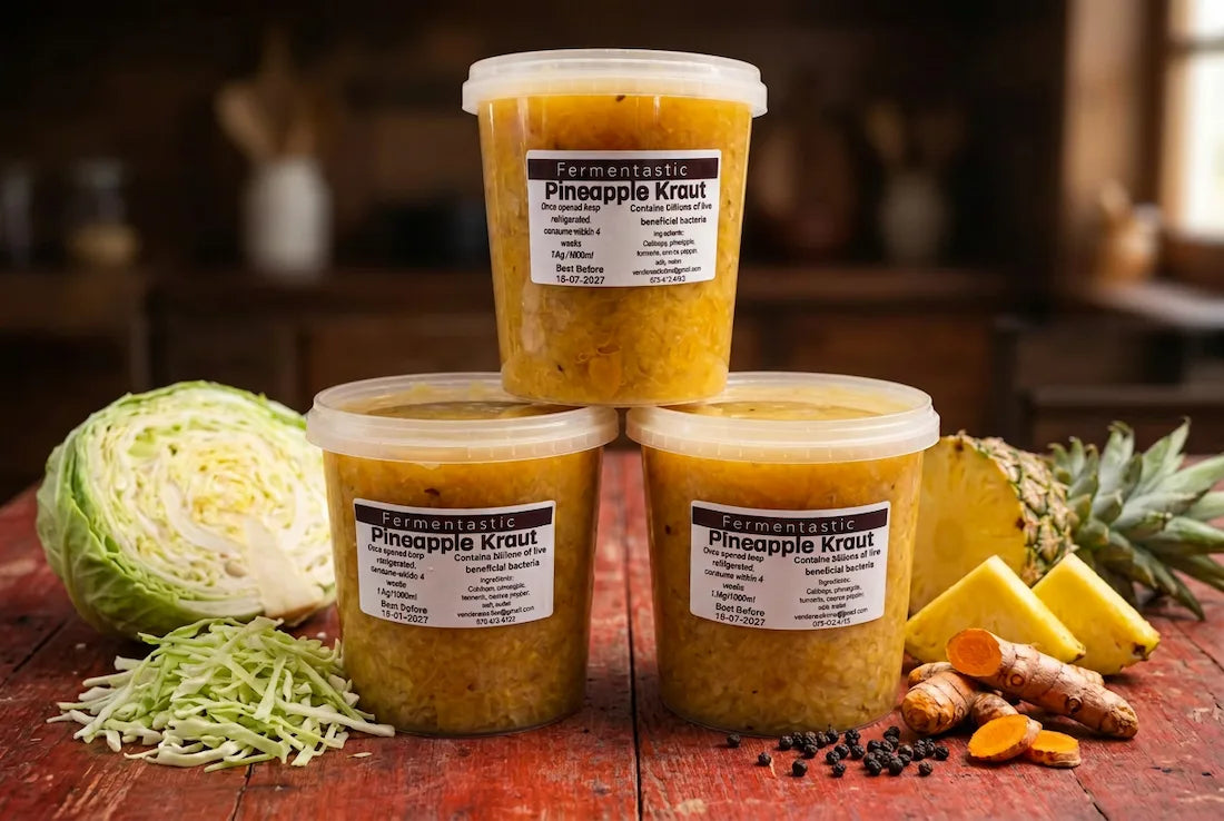Fermentastic Pineapple Kraut tubs with pineapple, turmeric and black pepper in a rustic setting.